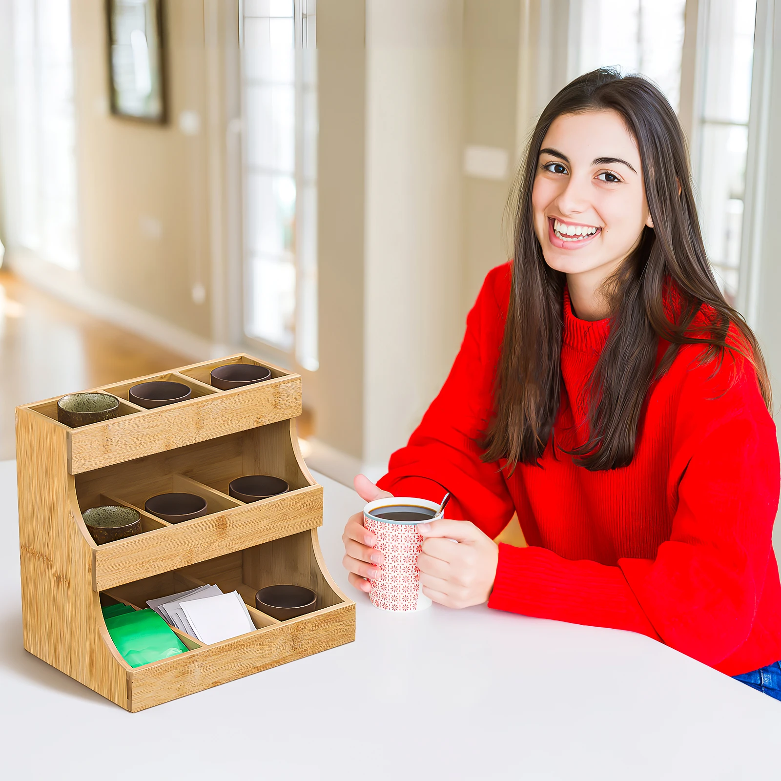 Wooden Coffee Bag Rack Tea Organizer Storage Shelf for Sugar Packets Bar Station Kitchen Countertop Holder Container