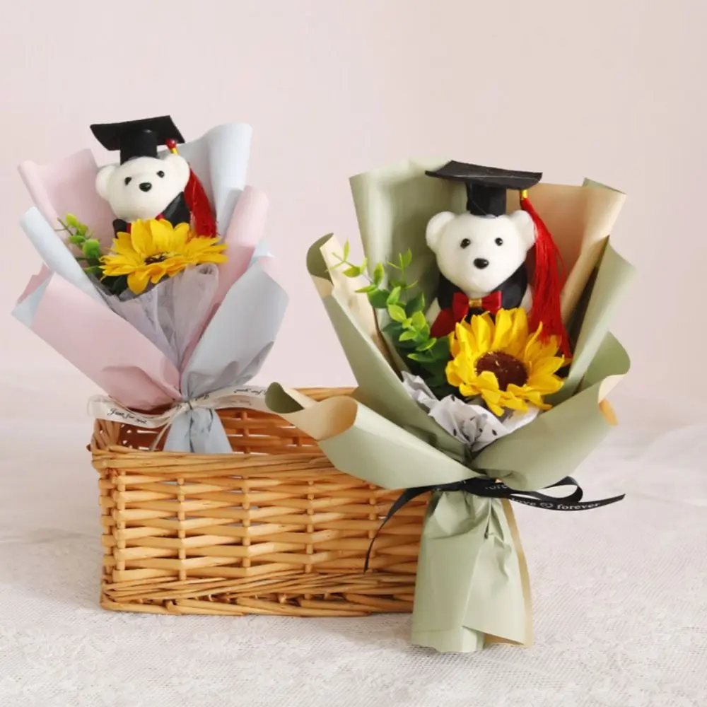 Stunning Lovely Bear Graduation Bouquet Cartoon Bear Animal Wedding Party Decor Sunflower Plush Toy New Year