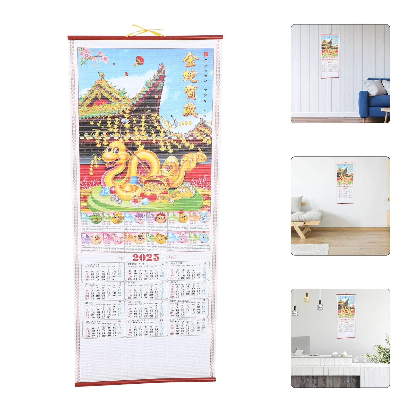 Imitação de rattan calendário parede mensal chinês 2025 decoração do quarto rolagem zodíaco escritório