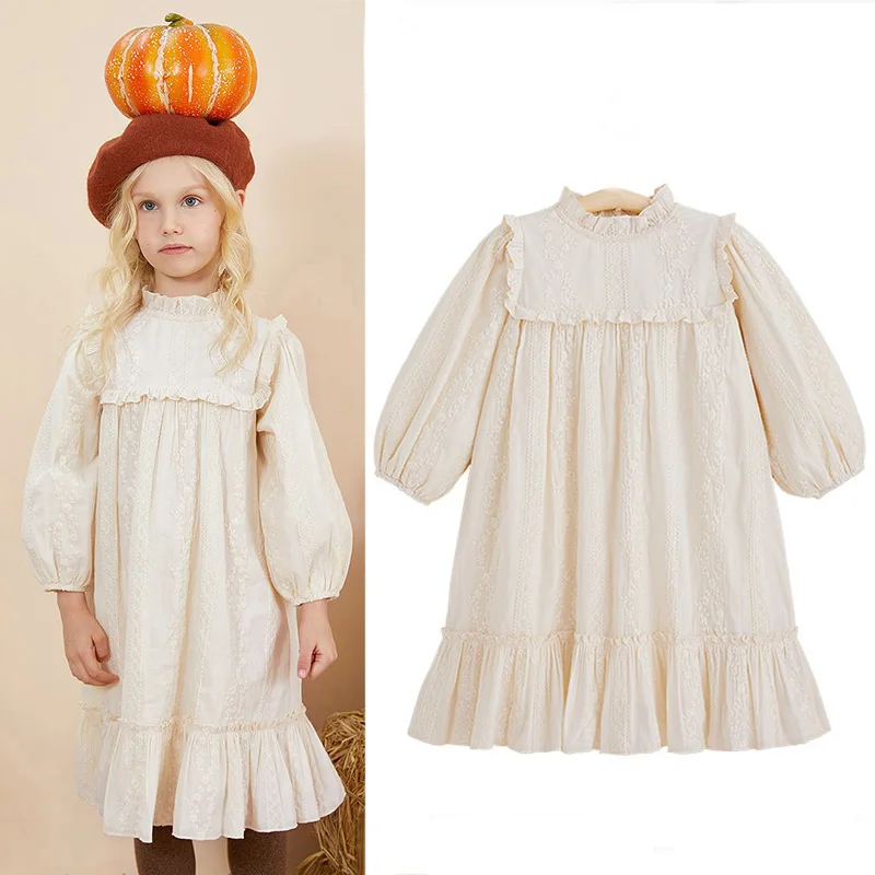 0-6Y Lace Princess Girl Dress Solid White Baby Long Sleeve Dress Toddler Infant Girl Clothes Kids Outfits