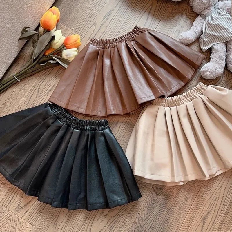 

Children's Suit Girls Fashionable Stylish Leather Skirt Flying Sleeve Dress Striped Mock-Neck Undershirt SetD65