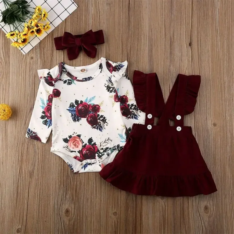 Newborn  Baby Girl Clothes Set Floral Bodysuit Romper Jumpsuit Tops T Shirt  Suspender Skirts Bow Headband Outfit Button 2pcs