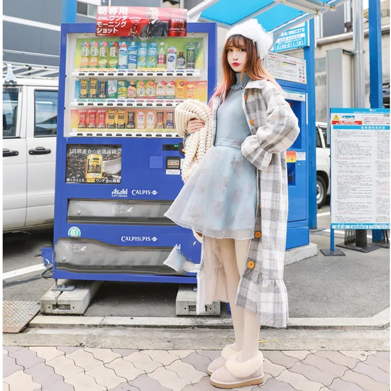 Autumn Winter Women Coat Woolen Cloth Sweet Mermaid Plaid Woolen Coats Preppy Style Loose Manteau Femme Hiver 2023