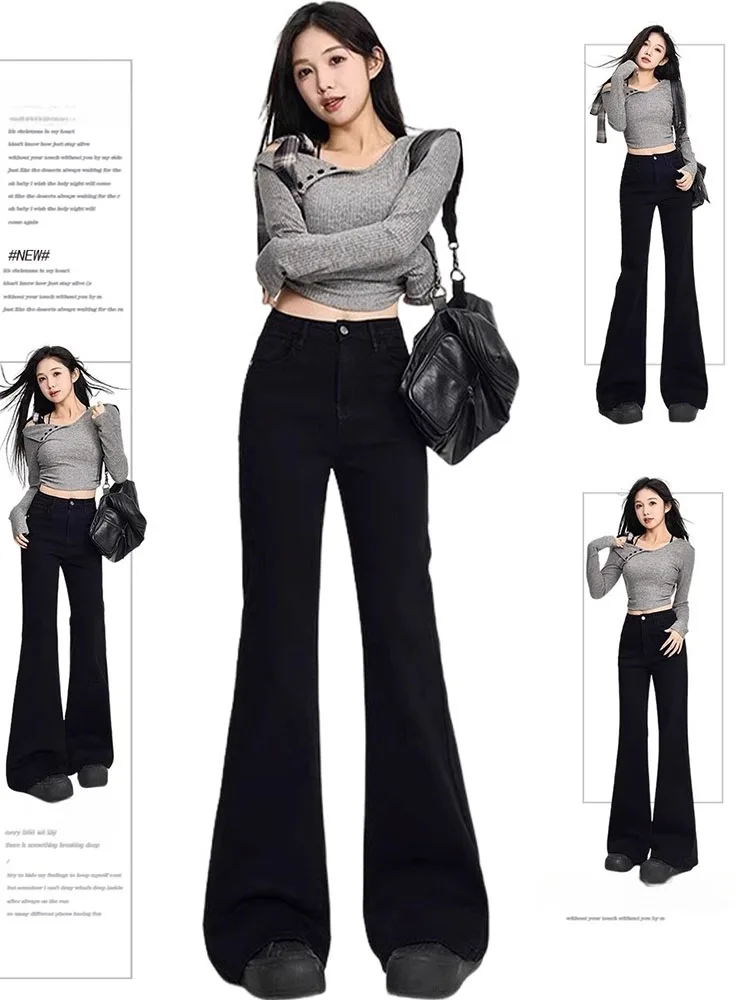 

Black Flared Jeans Women's Spring New plus Size Slim Low Waist Floor-Length Wide Leg Bell Bottoms Casual Pure Color Denim