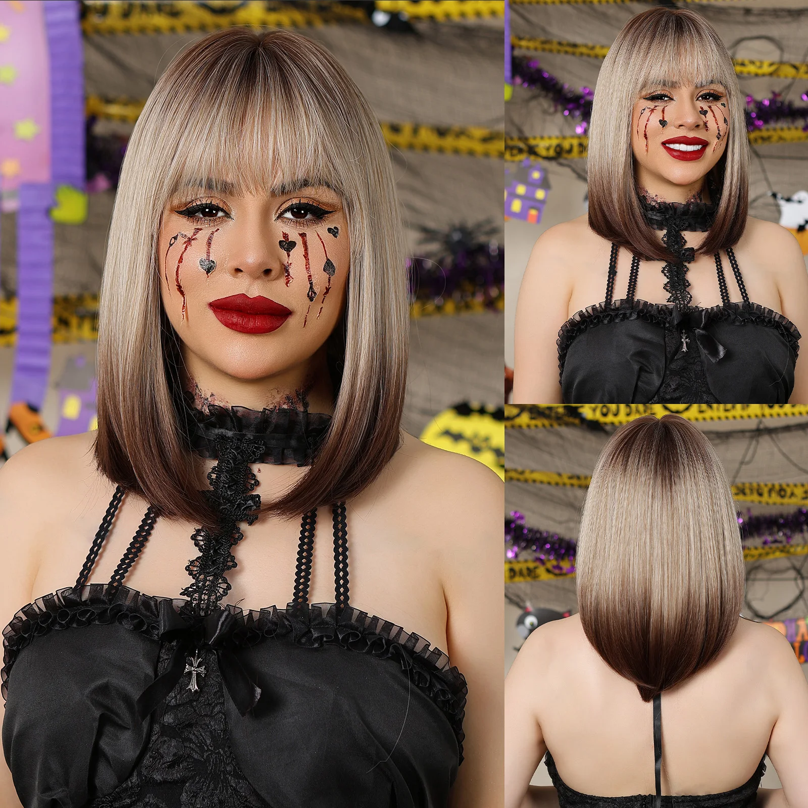 

Allbell Magique Blonde To Brown Ombre Bob Wig Short Straight Synthetic Hair with Bangs Heat Resistant Daily Cosplay Party Wigs