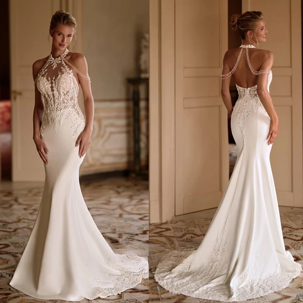 Classic Halter Wedding Dress Woman Bride Sleeveless Appliques Satin Mermaid Zipper Brush Train Vestidos Customised