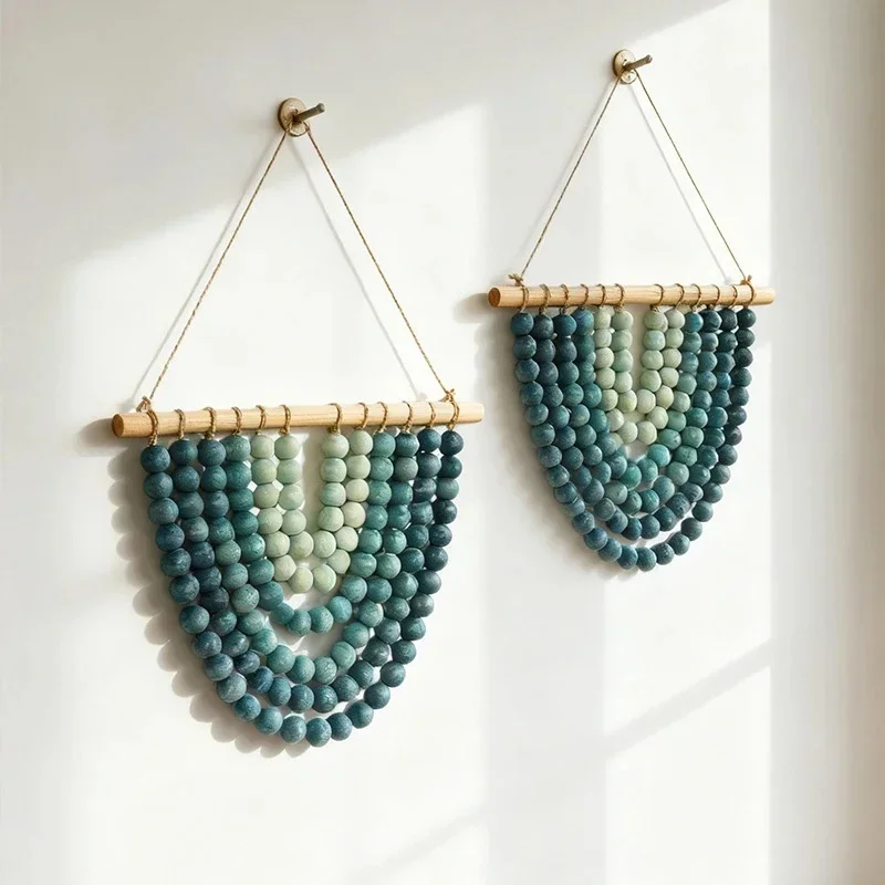Blue Gradient Beaded Wall Hanging Nordic Boho Jute Wooden Bead Wall Decor For Home Living Room Bedroom Cozy Hygge Gift For Women