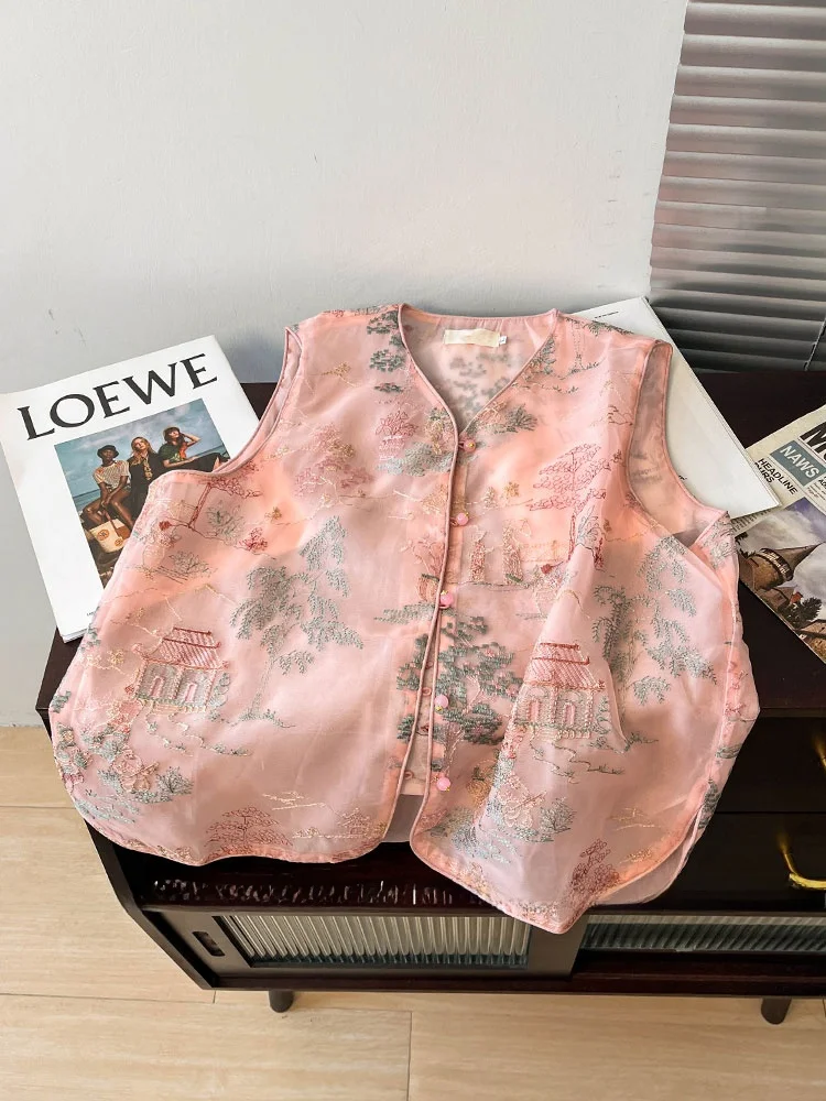 

Новый китайский женский розовый жилет с вышивкой, летний легкий европейский жилет из органзы на пуговицах, круглый топ Ne
