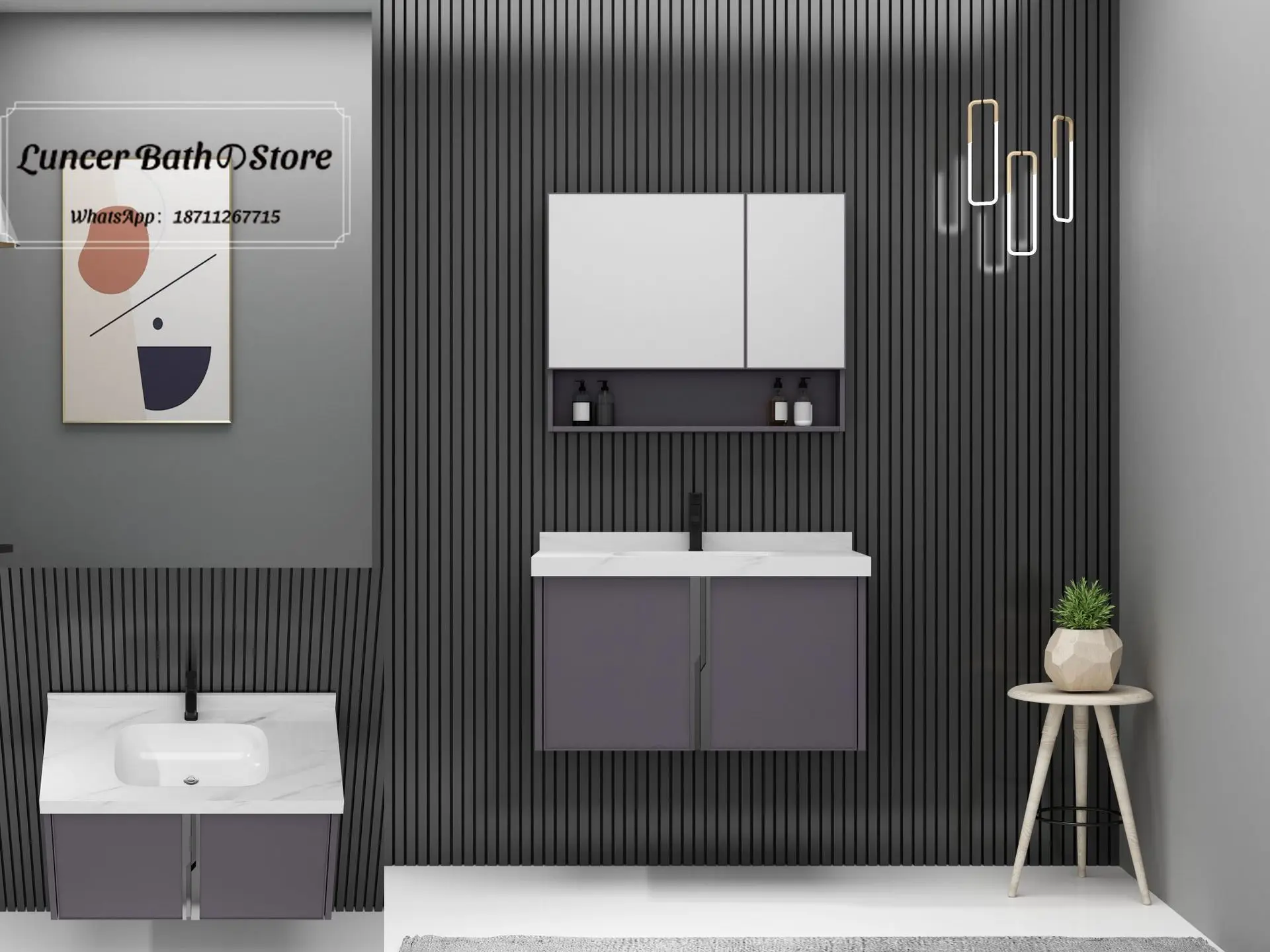 Luxury-Style Ceramic Integrated Basin Bathroom Cabinet Set with Double Mirror Door Vanity and Wash Basin Unit