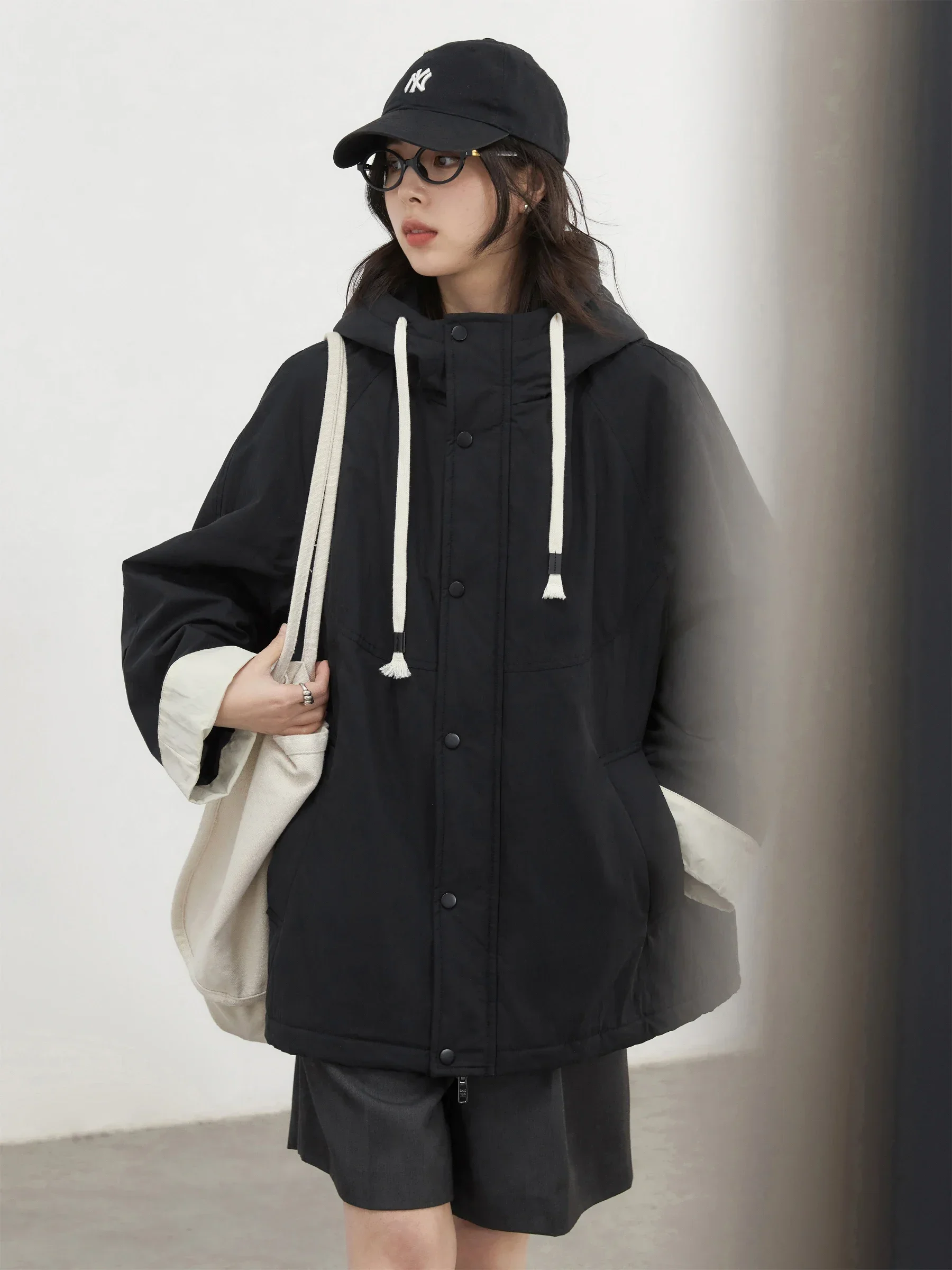 CHIC VEN Women Jackets Loose Contrast Hooded Drawstring Safari Style Thick Quilted Female Coat Spring Autumn 2025