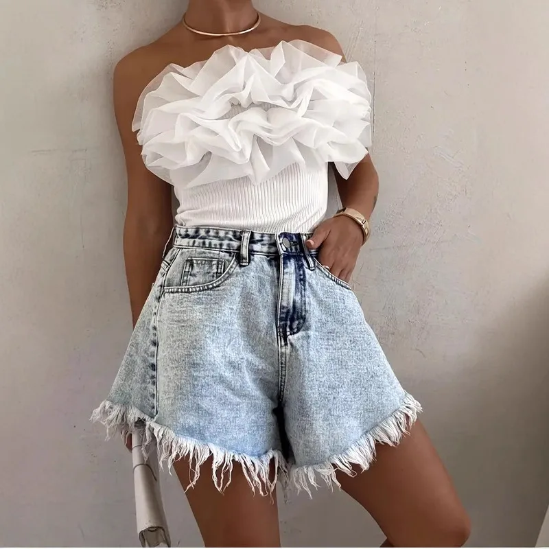 

High Waist Fringed Women's Casual Loose Fashion Rough Edge Slim Flared Denim Shorts