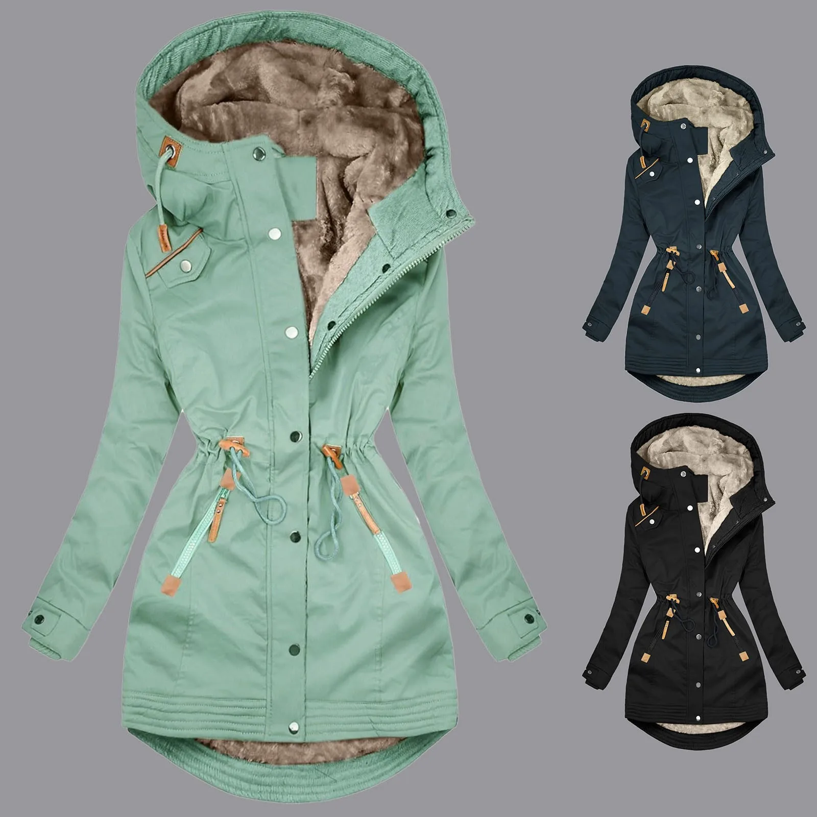 Dámská pláštěnka s kapucí, ležérní fleecová podšívka, pláštěnka, moderní dlouhý rukáv, trenčkot, větruodolný svrchní oděv, ležérní volná bunda - náhled 4