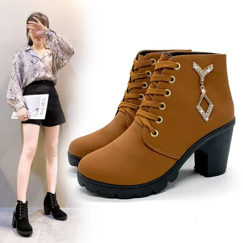 2024 New Spring Winter Women Pumps Boots High Quality Lace-up European Ladies Shoes PU High Heels Boots Fast Delivery