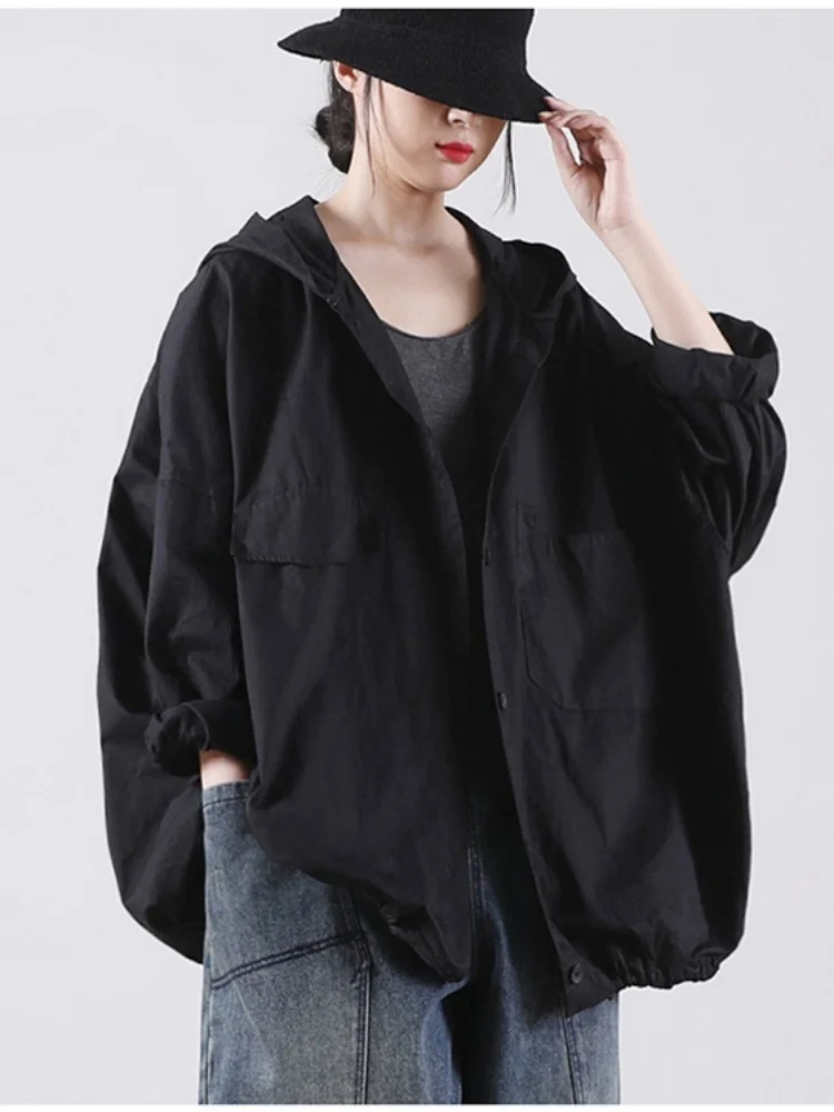 Literary Hooded Single Breasted Cardigan Women's Spring Autumn Long Sleeve Korean Style Loose Plus Size Youthful T Shirt Jacket