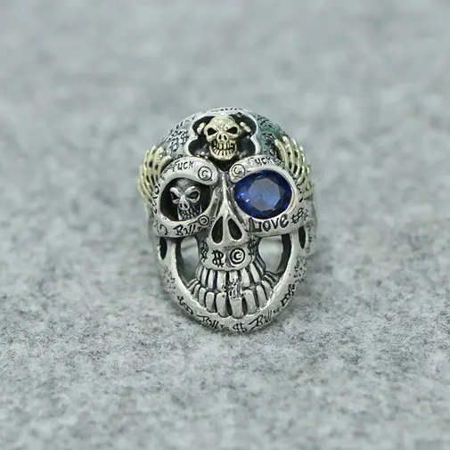 Skull Head Hip Hop Inn Fashion Nightclub Exaggerates 925 Sterling Silver Ring Fashion Retro Open Rock Graffiti Ring