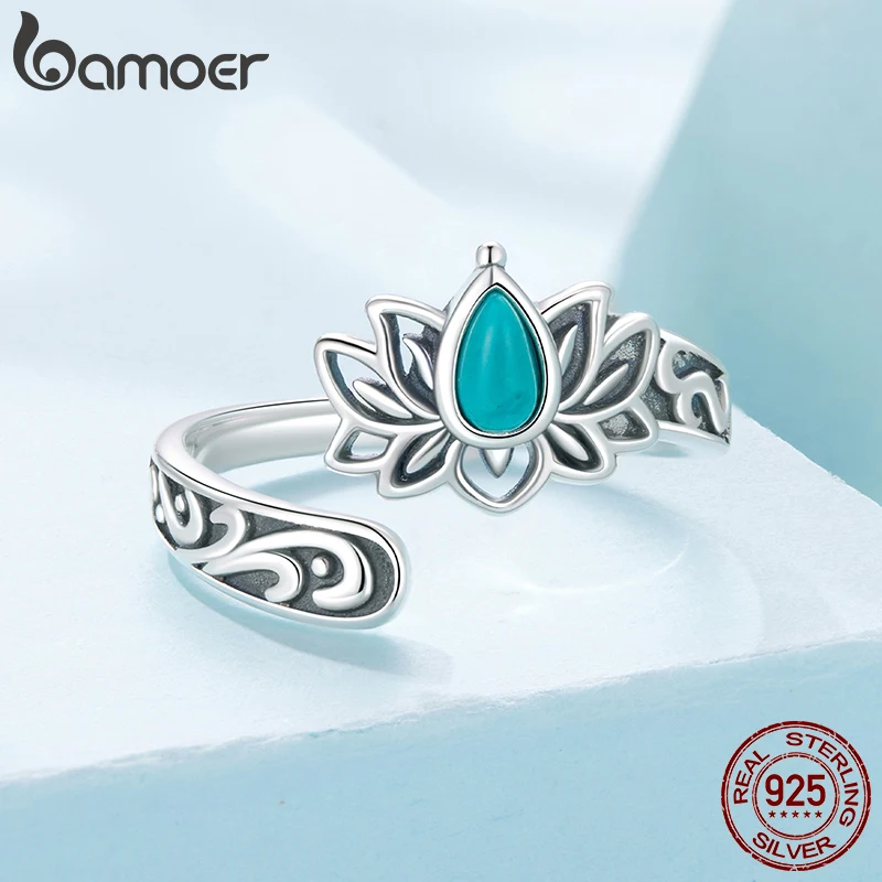 

WOSTU 925 Sterling Silver Lotus Open Ring Turquoise Flowers Vintage Elegance for Women Girl Party Birthday Fine Jewelry Gift