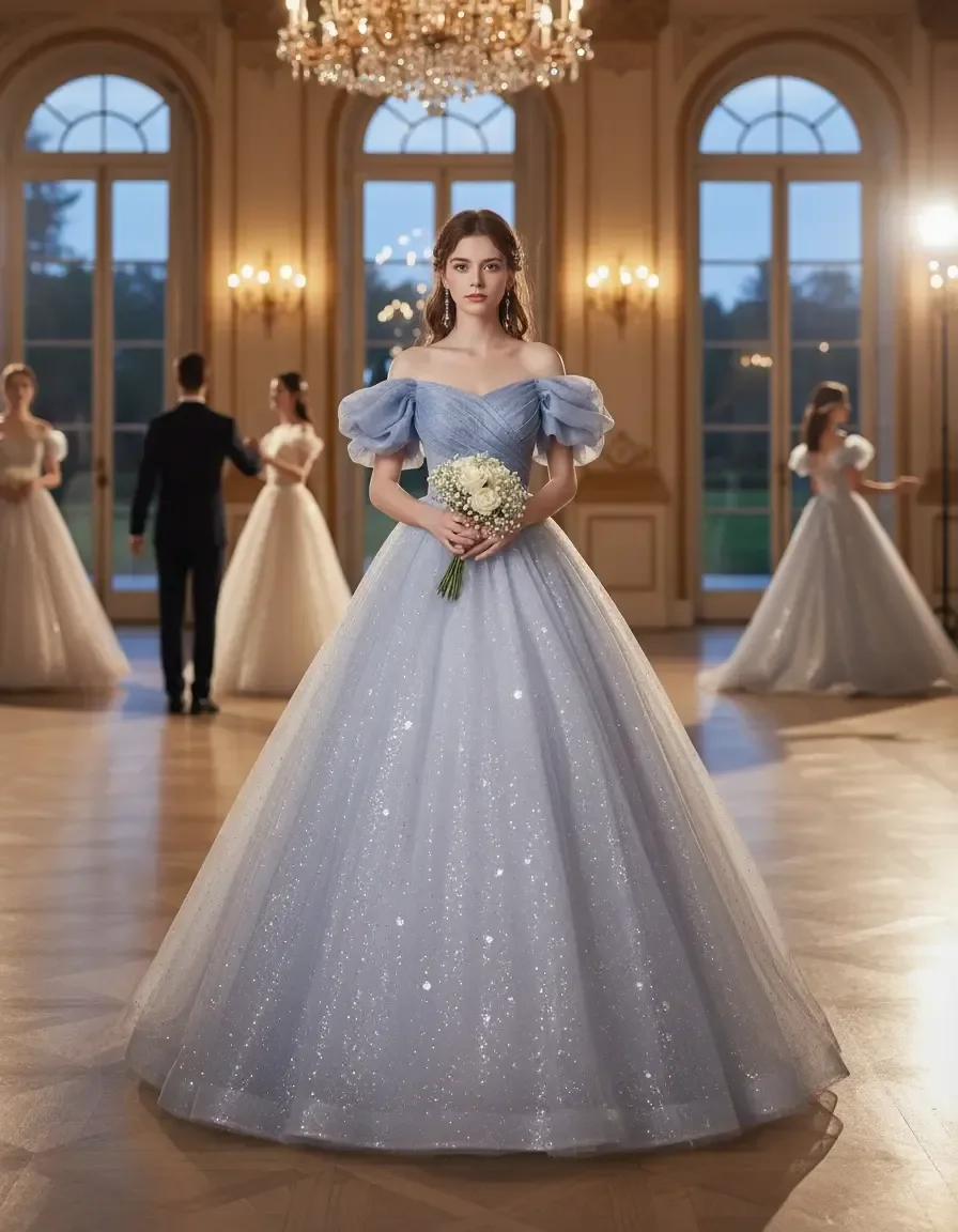 

Light Blue Off Shoulder Puff Sleeve Quinceanera Dress Sparkly Tulle Sweet 16 Prom Ball Gown with Free Petticoat