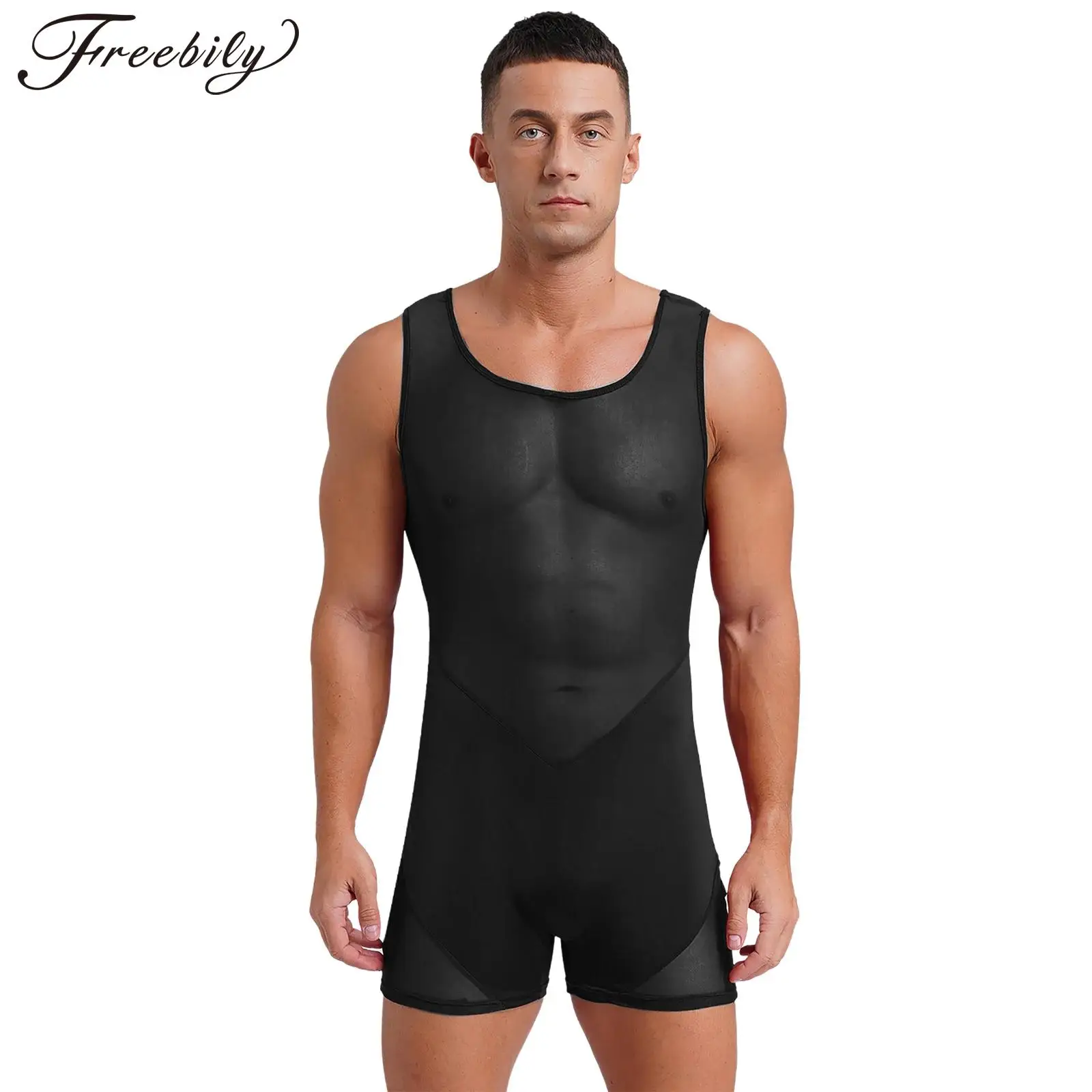 

Men's One Piece Swimsuit Sleeveless Mesh Breathable Swimwear Unitard Jumpsuit for Fitness Wrestling Leotard Gymnastics Bodysuit