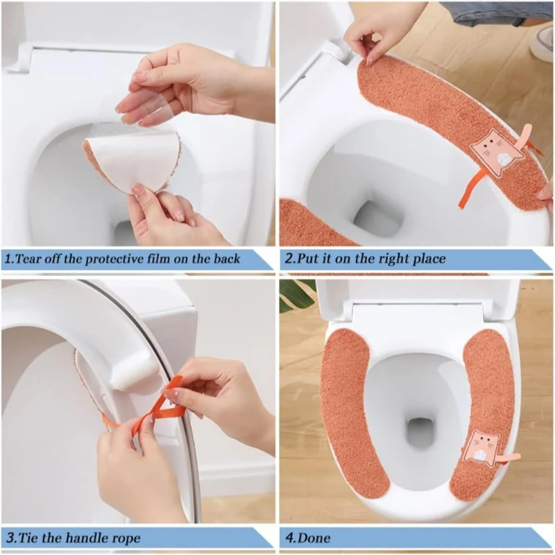 Plush Warm Toilet Seat Cover with Cute Cat Print for Winter Washable & Reusable Toilet Seat Pads Cushion for Kids Adults