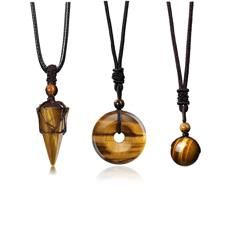 3 Pcs Healing Crystal Amethyst Tiger Eye Stone Hexagonal Bead Necklace Adjustable Black Rope Natural Stone Pendant Necklaces