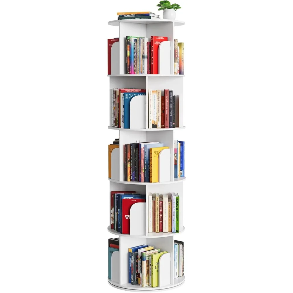 Cross Style 5 Tier Rotating Bookshelf, Spinning 360 Bookcase Lazy Susan Tower, Vertical Revolving Books Shelf Storage Round Car