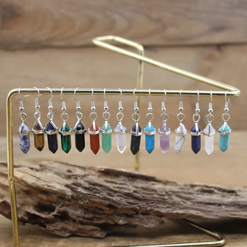 

Natural Stone Hexagonal Point Earrings Reiki Healing Crystal Quartz Amethysts Opal Dangle Hook Eardrop Jewelry Women Gift QC7039