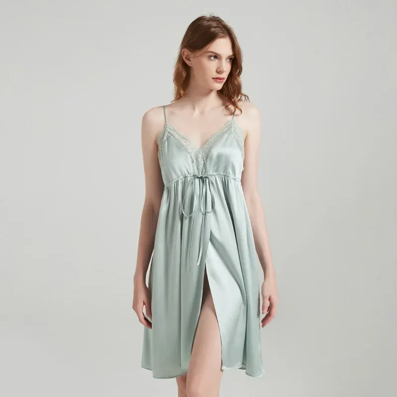 Bow Tie 100% Mulberry Silk Sling Nightgown 19 Momme Real Silk Sleeveless Pajama Dress Sleepwear Sexy Lace Women Split Nightdress