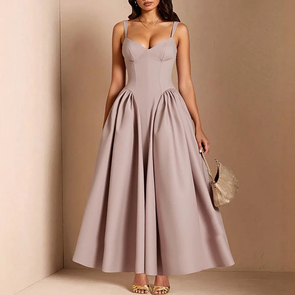 Damesjurken 2025, winter spaghettibandjes, V-hals, geplooid ontwerp, elegante feestdating, lange jurk