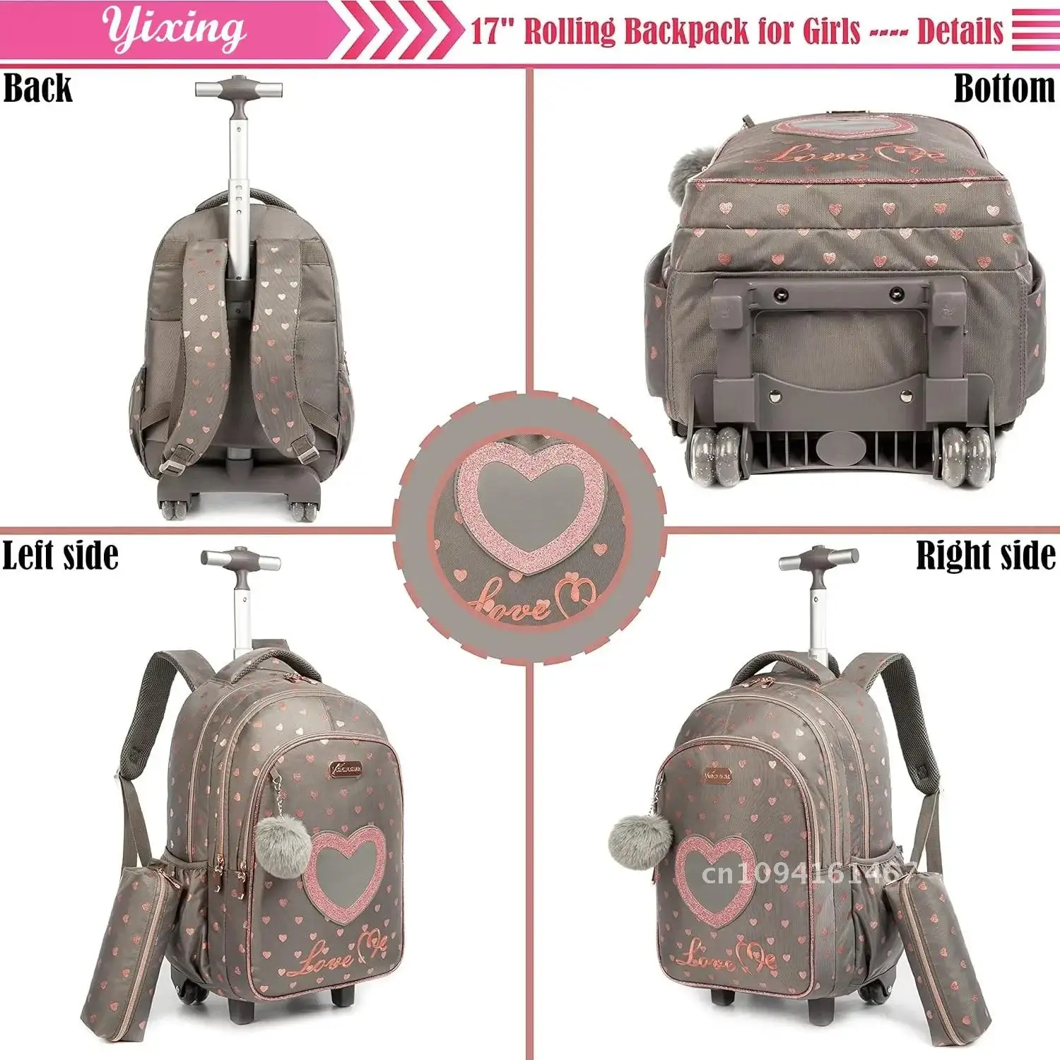 Mochila infantil com rodas, conjunto com lancheira, mochila escolar com rodas, carrinho escolar para meninas