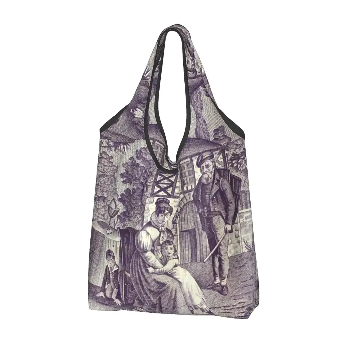 

French Toile De Jouy Navy Blue Motif Pattern Groceries Shopping Tote Bags Women France Art Shopper Shoulder Bags Big Handbag