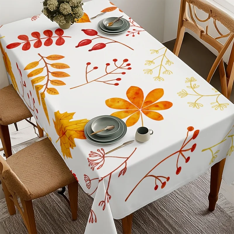Watercolor Autumn Leaf Tablecloth, White Base With Fall Foliage Graphic Print,Rectangular Table Cover for Dining & Kitchen Decor