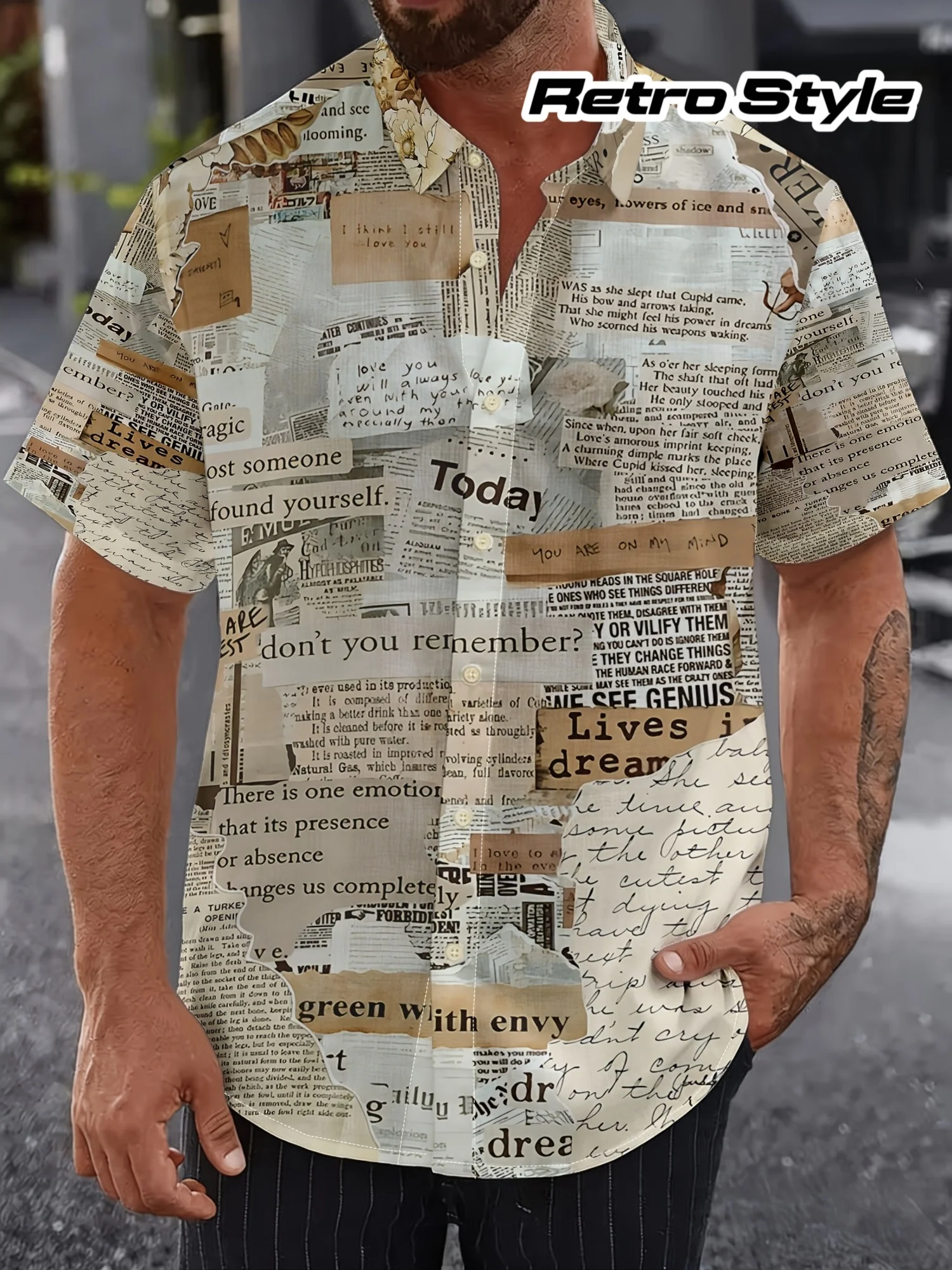 Vintage Shirts Retro Newspaper Letter Patch Printed Loose Casual Short Sleeve Lapel Tops Men Clothes
