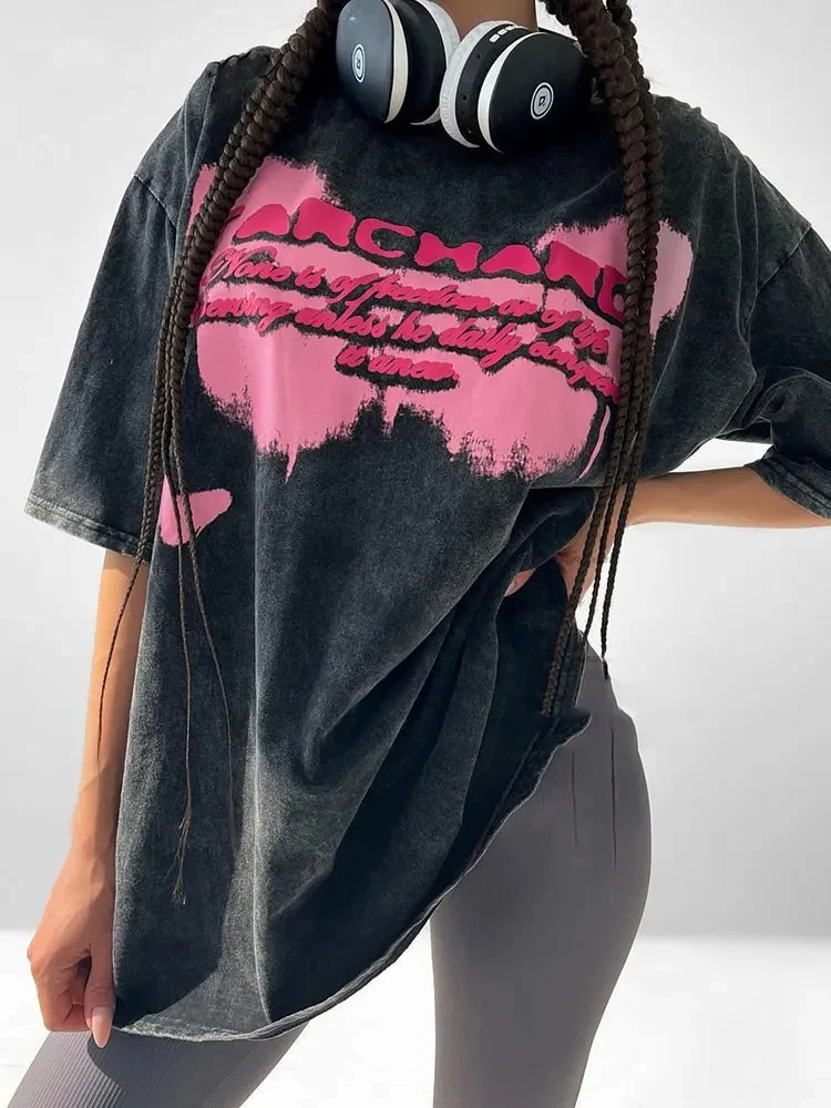 Cotton Washed T-shirt for Women Pink planet Printing Tops Loose O-Neck Oversized Tee Y2k Female Clothes Vintage Short Sleeve