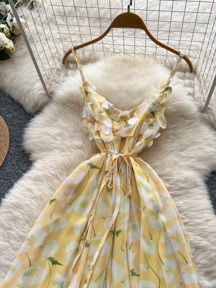 فستان خيالي لعطلة الصيف، فستان طويل بتصميم كوري، مزين بالخرز والزهور، مع حزام عند الخصر، تنورة على شكل حرف A، خصر مرتفع.