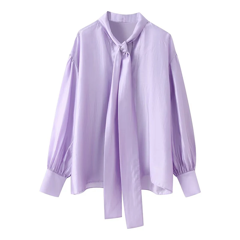 

YENKYE 2026 New Women's Bow Tie Neck Blouse Loose Long Sleeve Satin Shirt Elegant Office Casual Top
