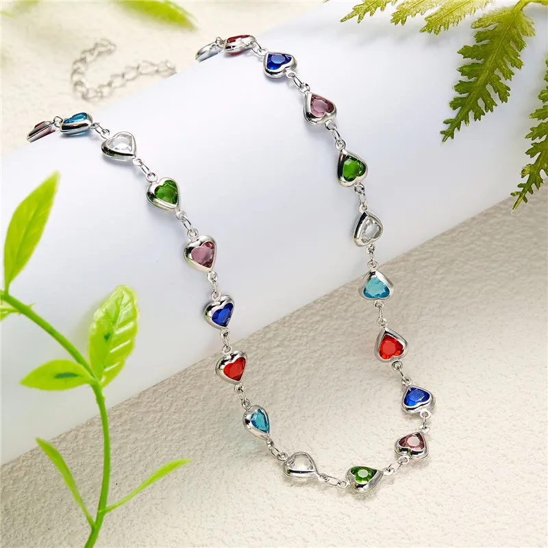 Exquisite bunte Kristall Herz Halsband Halskette für Frauen Charme Zirkon Metall Kette Halskette Party Geburtstag Schmuck Geschenk – Detail 3