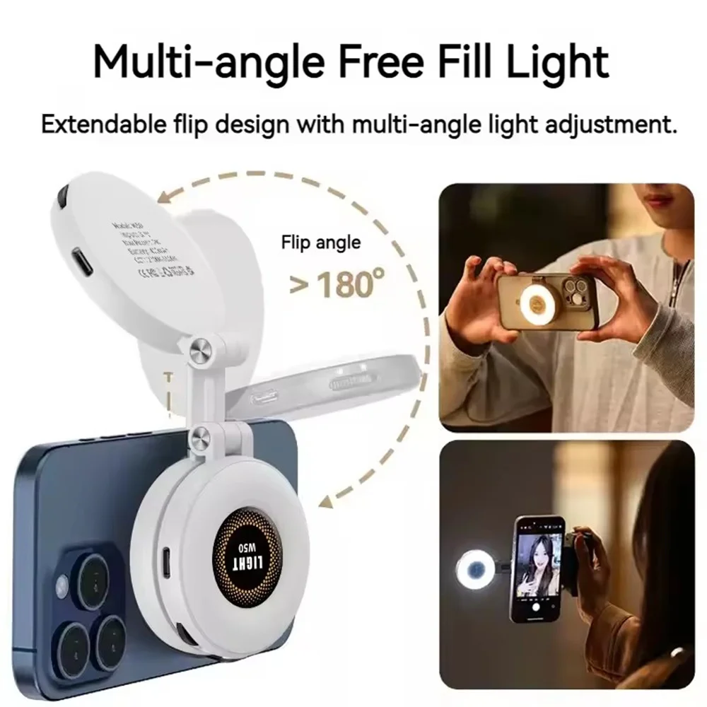 

Perfect for Travel, Desktop, Selfies, Video, Makeup 2in1 Portable Foldable Magnetic Rechargeable Ring Fill Light Phone Holder
