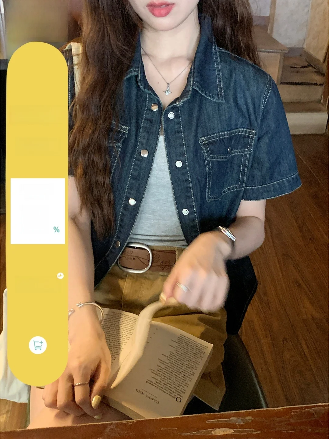 

Retro Stitched Short Sleeve Denim Shirt Women's Casual Loose Design Korean Style Breathable Cotton Polyester Blend Citywalk Top