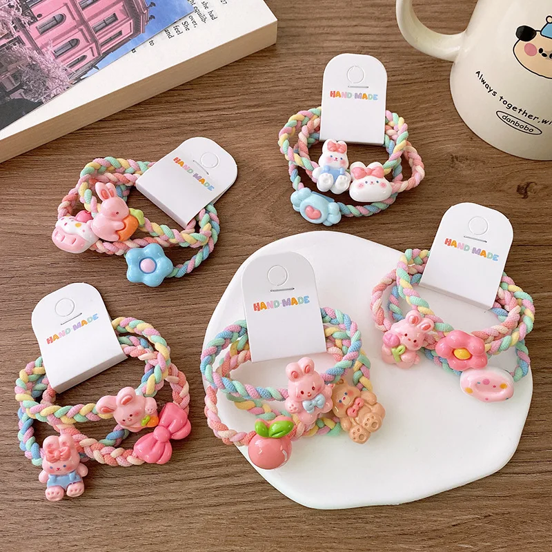 Braided Hair Ties Set 3pcs Ice Cream Color Bunny Floral Scrunchies for Teens Kawaii Cartoon Hairbands No Dent School Accessories
