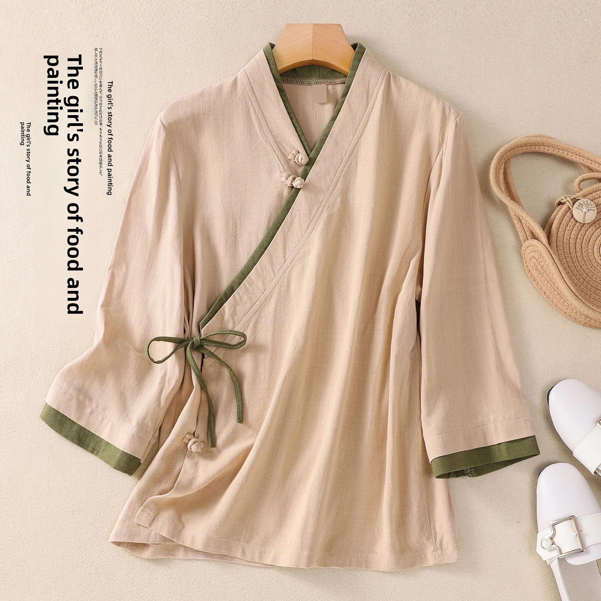 ชุดฮั่นฝูแบบถังสำหรับผู้หญิง ชุดฤดูร้อนสำหรับพิธีชงชา หรือชุดสำหรับการเรียนเซน ปกเฉียง รุ่นปรับปรุง เสื้อสไตล์จีน