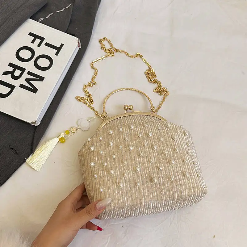 

Элегантная вечерняя сумка-клатч класса люкс с жемчугом, бахромой и стразами, двойного назначения (для ношения в руке/на плече)