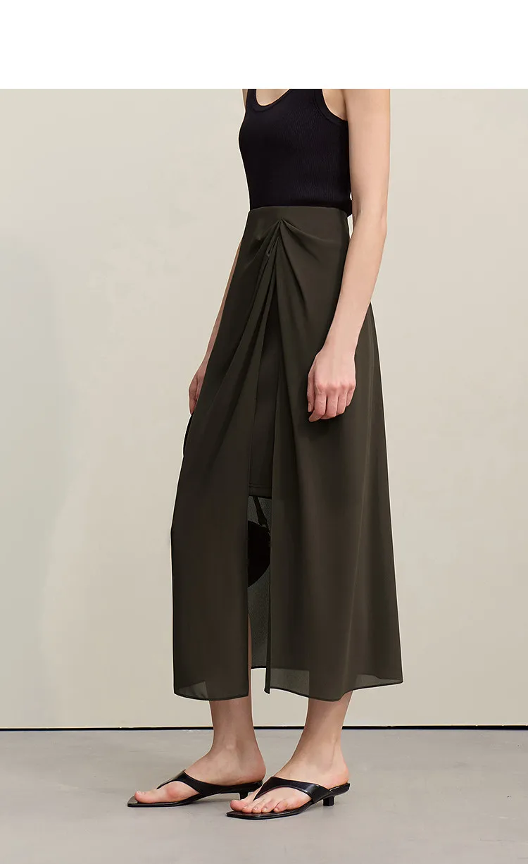Amii Women's Skirt 2026 Summer Elegant Chiffon Midi Skirt Pleated Side Slit Office Casual Versatile Women's Clothing 12612002