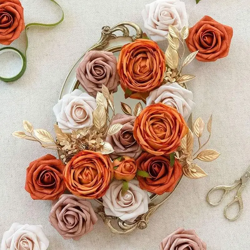 Burnt Dusty Rose & Terracotta Artificial Flowers Combo Box Set Orange Fake Flower for Room Wedding Bridal Bouquet Decorations