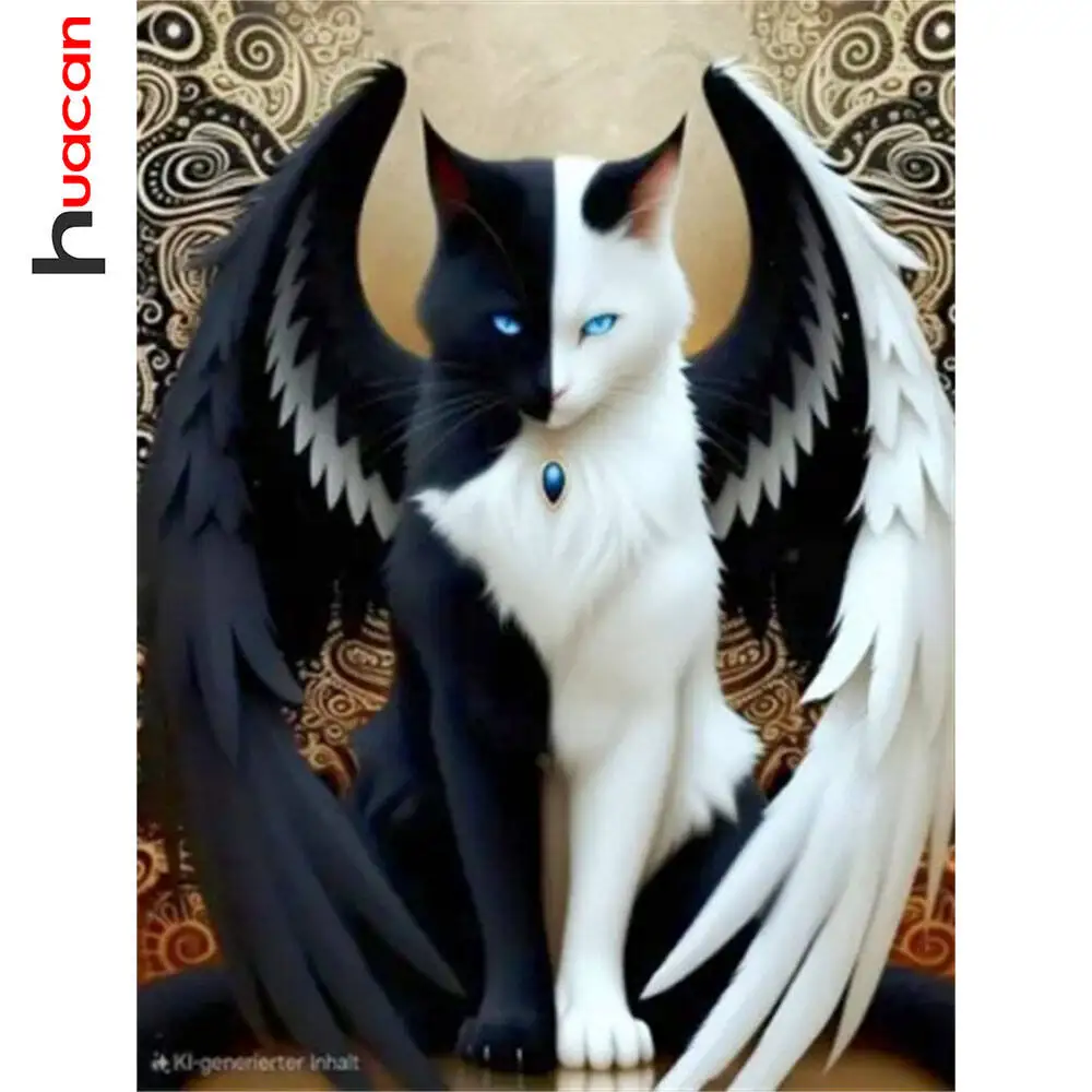Huacan 5D DIY Diamond Painting Kit Black White Wings Cat Full Square/round Diamond Embroidery Mosaic Home Decor Craft Gift