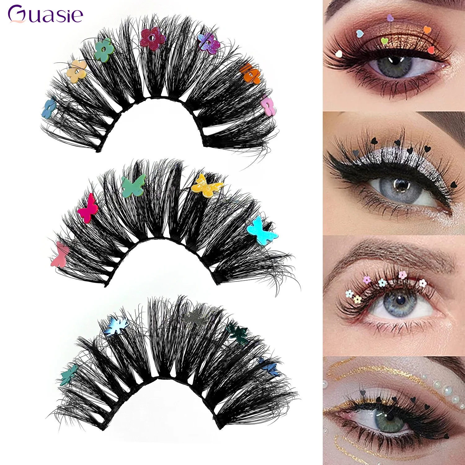 目を引くグリッタースパンコールまつげカラフルなハート/フラワーメイク DIY まつげ装飾クリスマスハロウィンコスプレパーティー