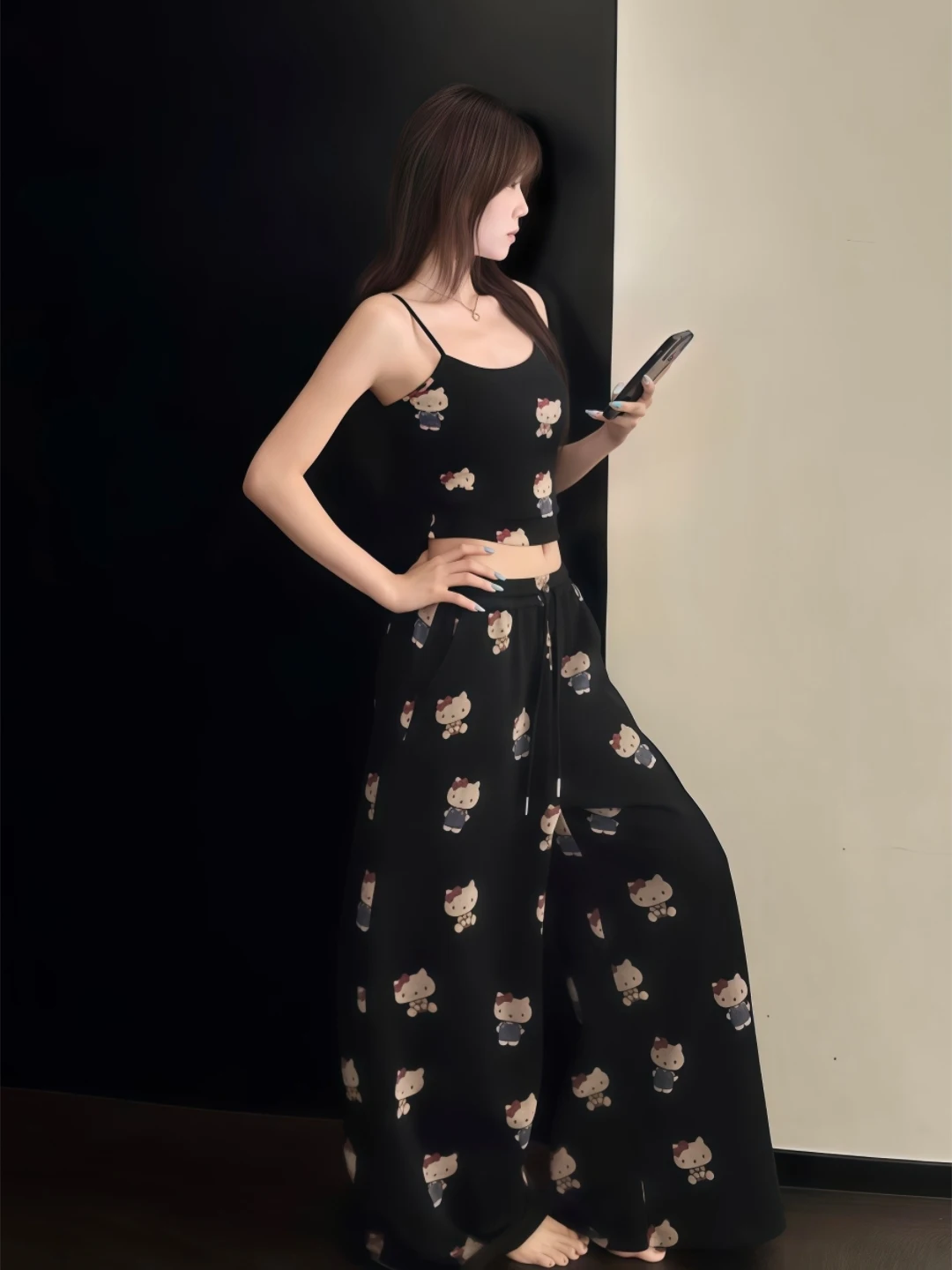 Lush Style Cartoon Print Gentle Wind Thin Strap Short Top Wide Leg Floor Length Pants Slim Fit Baring Waist Lazy Two Piece Set image 4