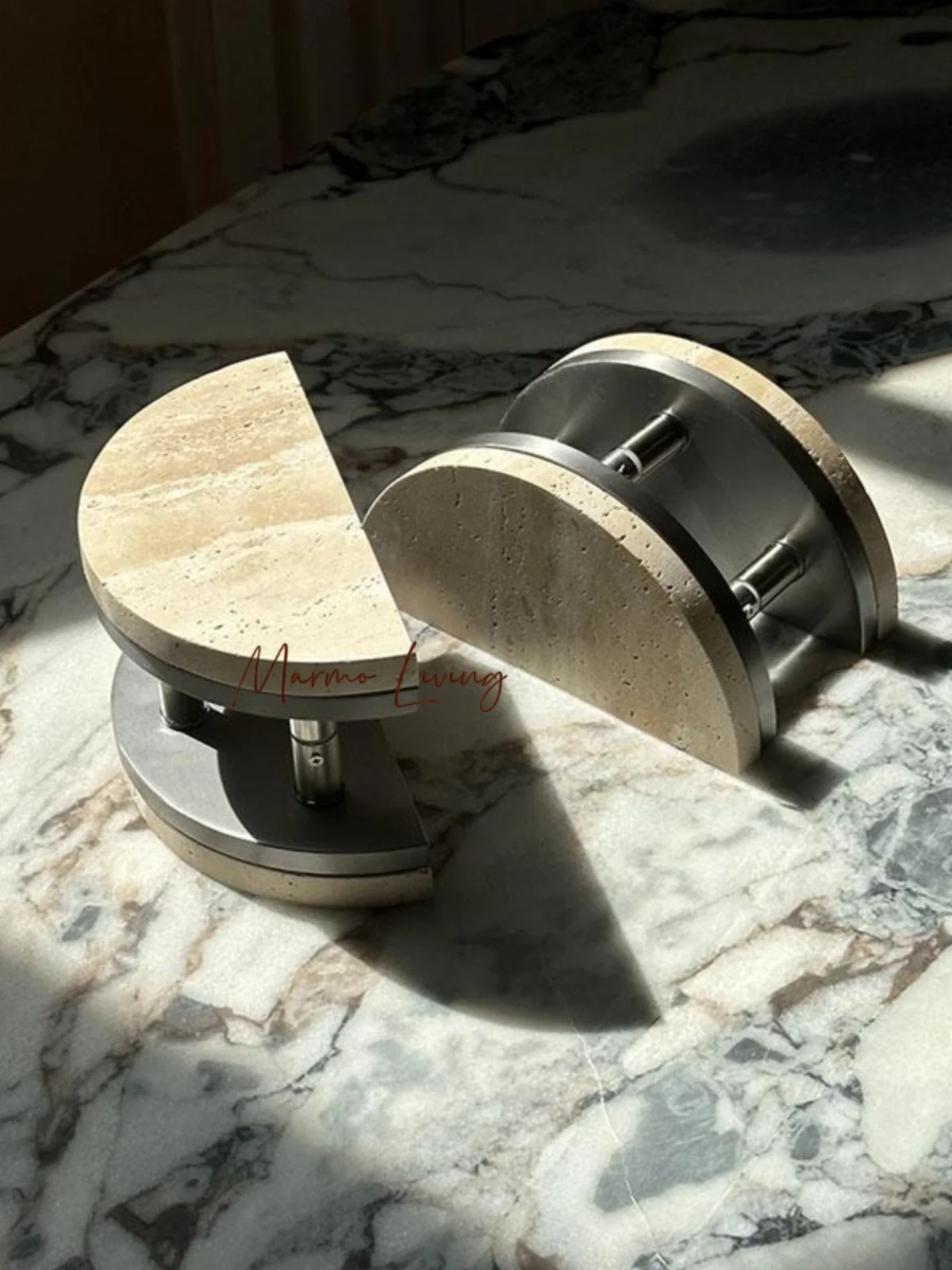 

Wabi Sabi Style Semi Circle Travertine Natural Stone Glass Door Handle with Aluminum Plate