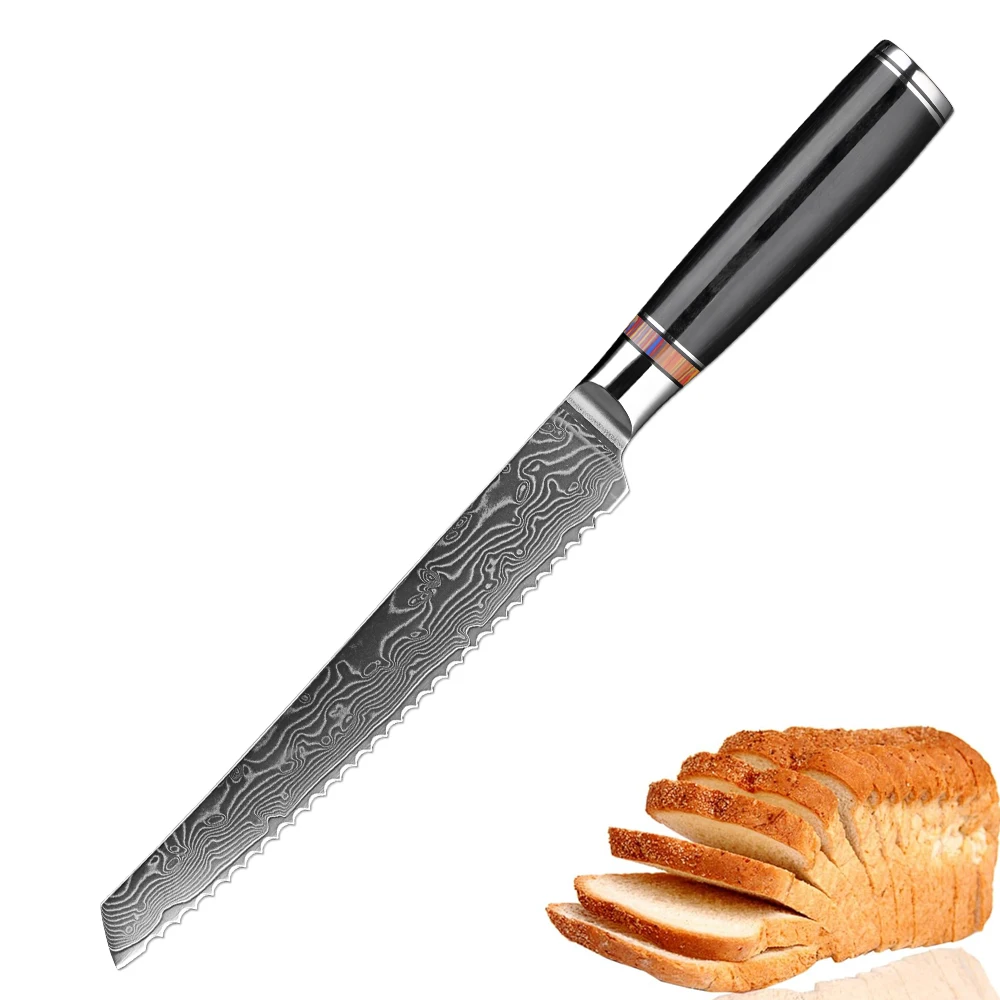 8 Inch Japanese VG-10 Damascus Steel Serrated Bread Knife - Pro Chef's Tool for Home & Commercial Kitchens with Ergonomic Handle