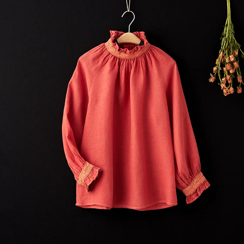 

Retro Japanese Sle Linen Lace Trim Stand Collar irt Women's Artistic Slimming Anti-Aging Blouse Cotton Blend Long Sve