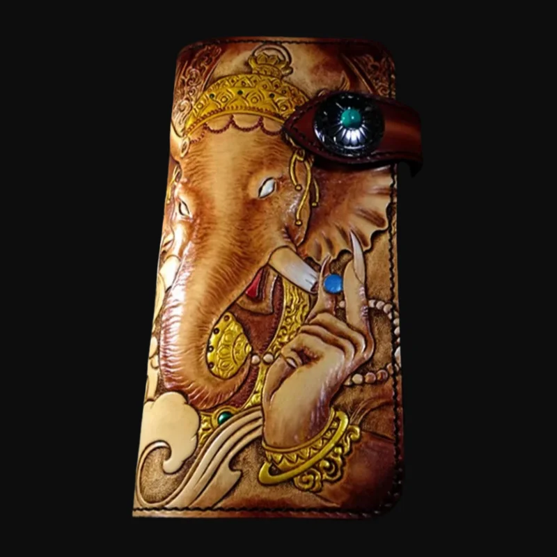 

High-end Handmade Wallets Carving Elephant God Purses Men Long Clutch Vegetable Tanned Leather Wallet Card Holder